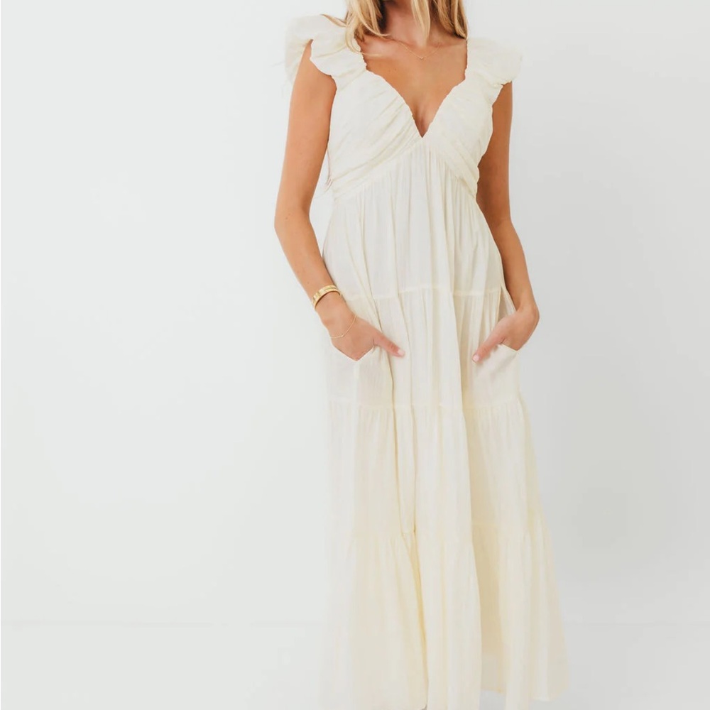 Katy Pleated Bodice Midi Dress in Cream - Bump Friendly NWT